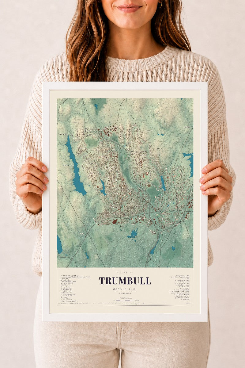 Trumbull, Connecticut map print, 12" x 18", W/ White Ayous Wood Frame