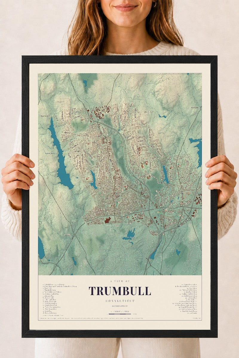 Trumbull, Connecticut map print, 18" x 24", W/ Black Ayous Wood Frame