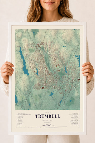 Trumbull, Connecticut map print, 18" x 24", W/ White Ayous Wood Frame