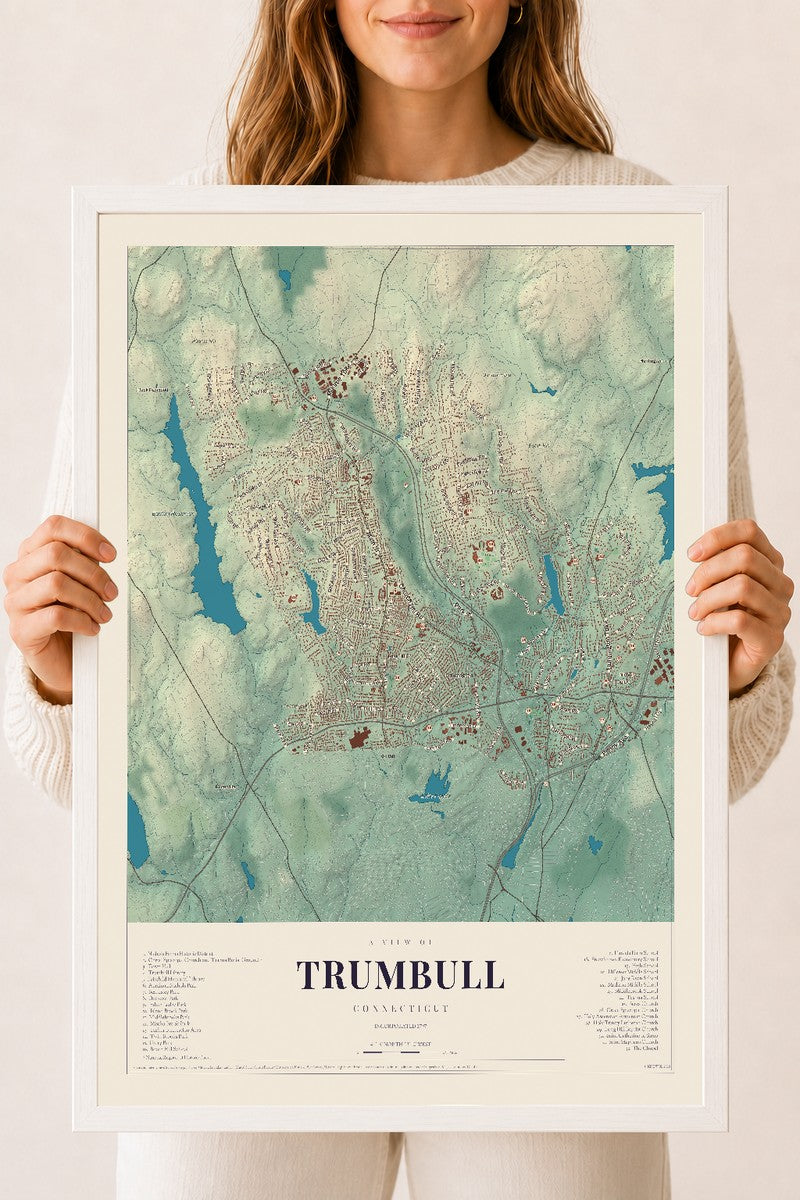 Trumbull, Connecticut map print, 18" x 24", W/ White Ayous Wood Frame