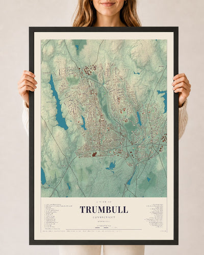 Trumbull, Connecticut map print, 24" x 36", W/ Black Ayous Wood Frame