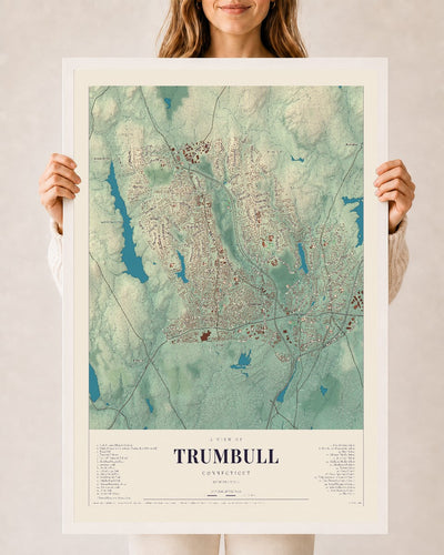 Trumbull, Connecticut map print, 24" x 36", W/ White Ayous Wood Frame