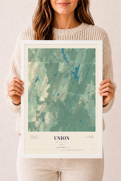 Union, Connecticut map print, 12" x 18", W/ White Ayous Wood Frame