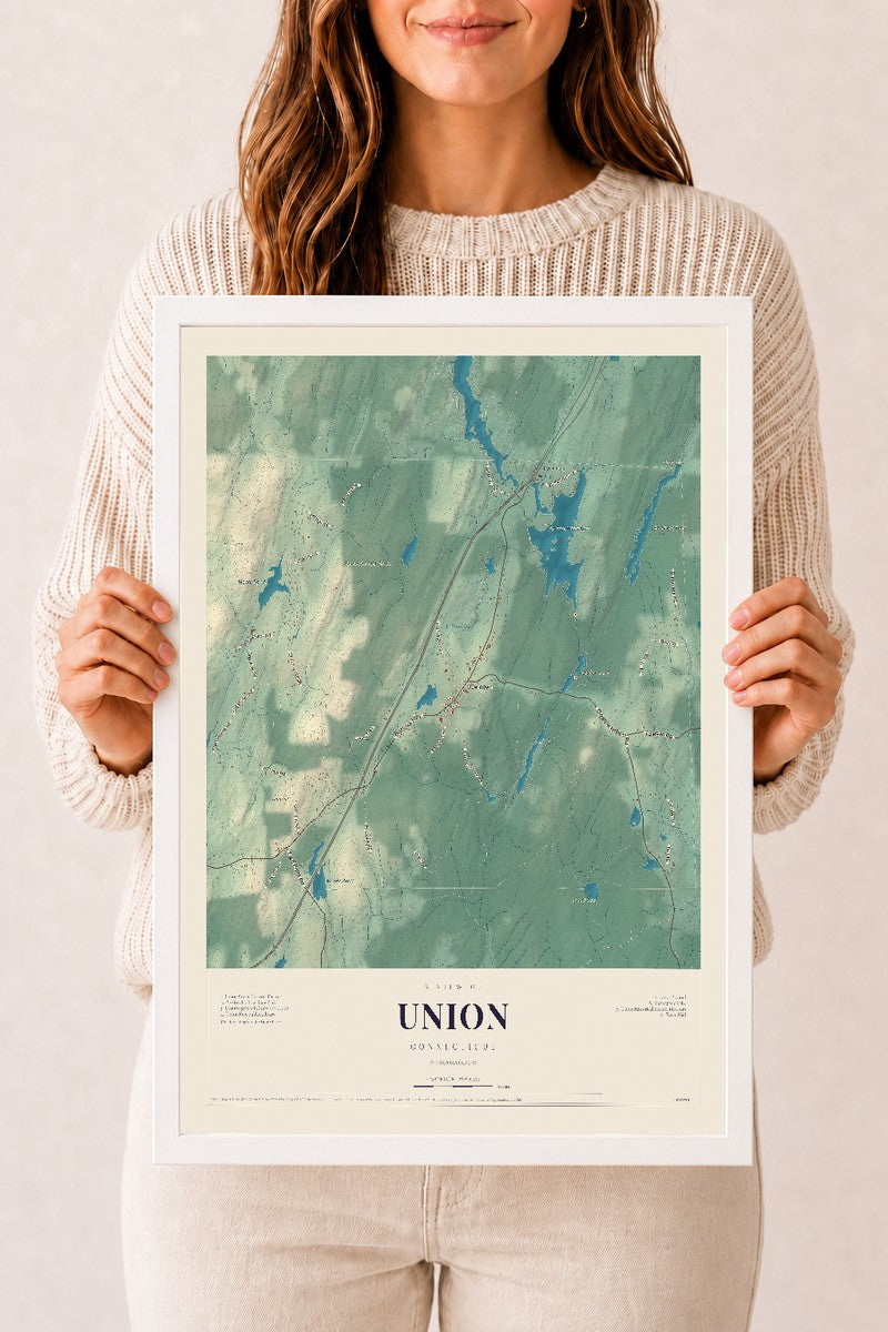Union, Connecticut map print, 12" x 18", W/ White Ayous Wood Frame