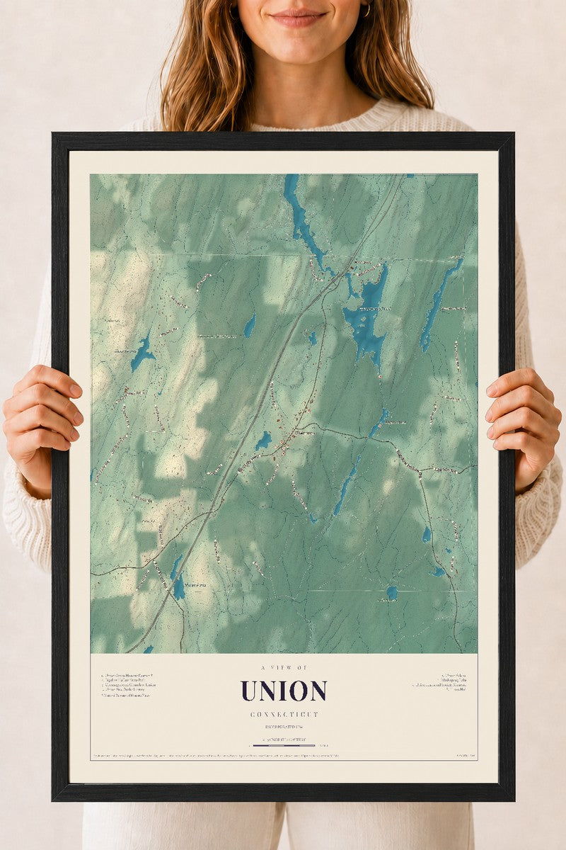 Union, Connecticut map print, 18" x 24", W/ Black Ayous Wood Frame