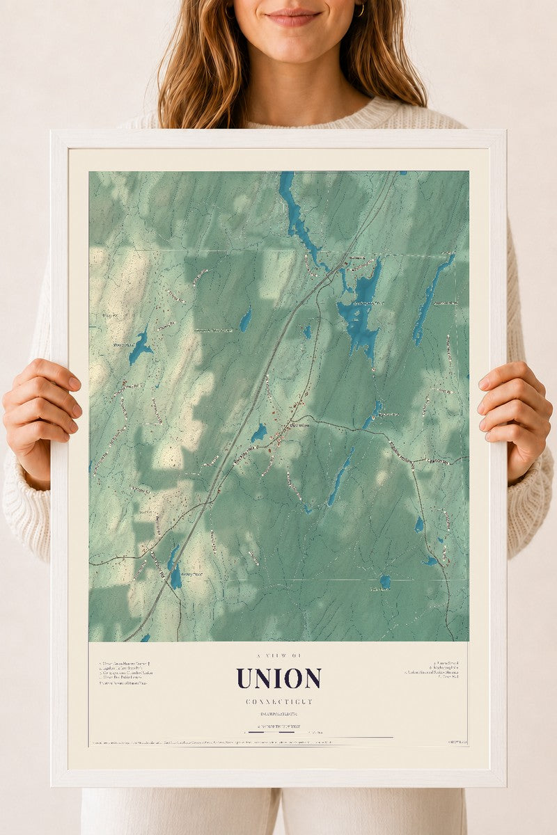 Union, Connecticut map print, 18" x 24", W/ White Ayous Wood Frame