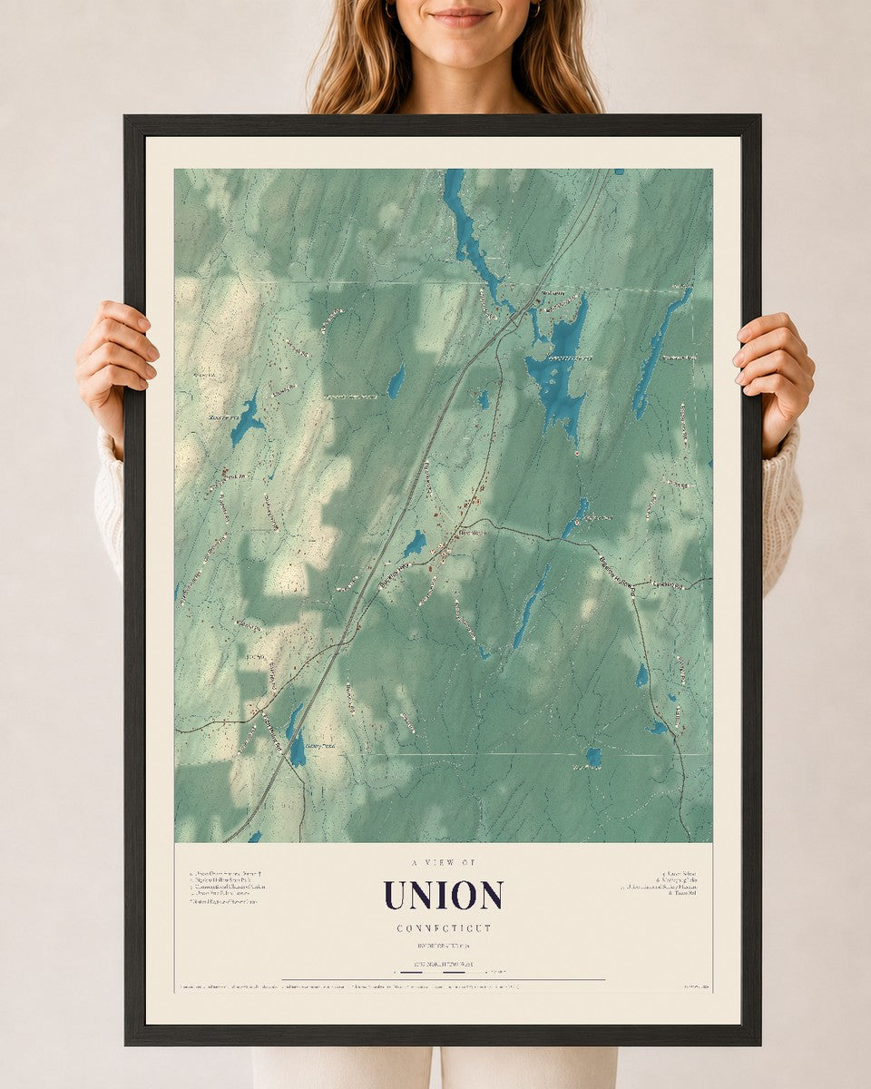 Union, Connecticut map print, 24" x 36", W/ Black Ayous Wood Frame