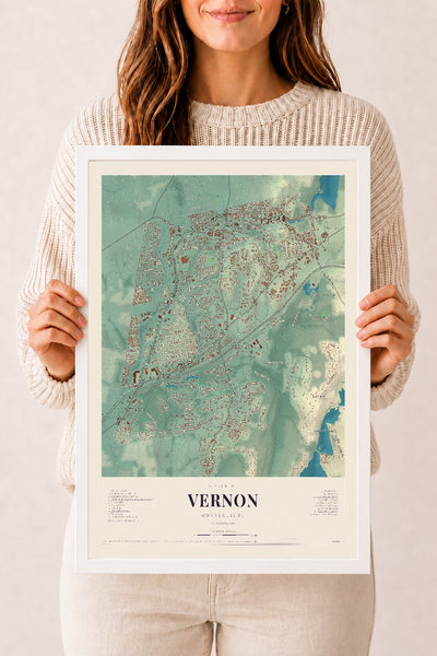 Vernon, Connecticut map print, 12" x 18", W/ White Ayous Wood Frame