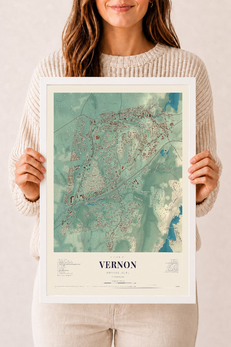 Vernon, Connecticut map print, 12" x 18", W/ White Ayous Wood Frame
