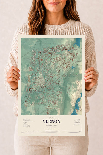 Vernon, Connecticut map print, 12" x 18", Archival Matte Print