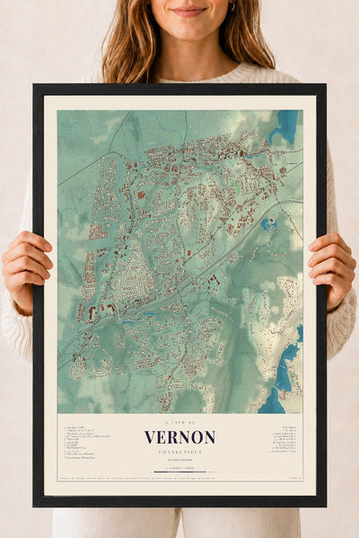 Vernon, Connecticut map print, 18" x 24", W/ Black Ayous Wood Frame