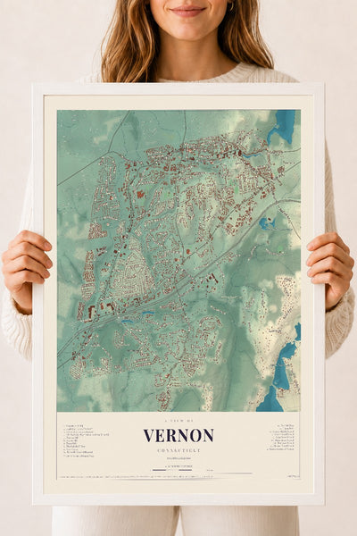 Vernon, Connecticut map print, 18" x 24", W/ White Ayous Wood Frame