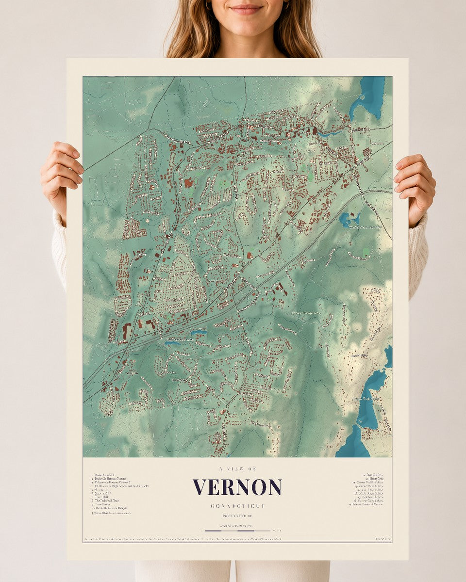 Vernon, Connecticut map print, 24" x 36", Archival Matte Print