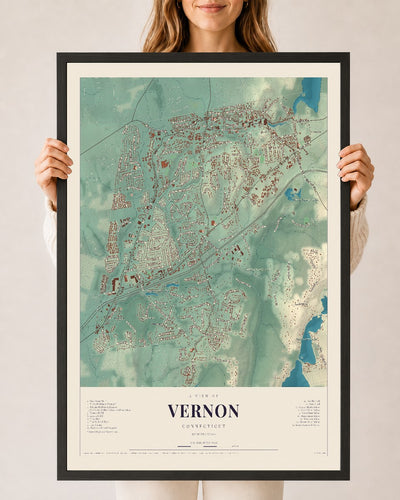 Vernon, Connecticut map print, 24" x 36", W/ Black Ayous Wood Frame