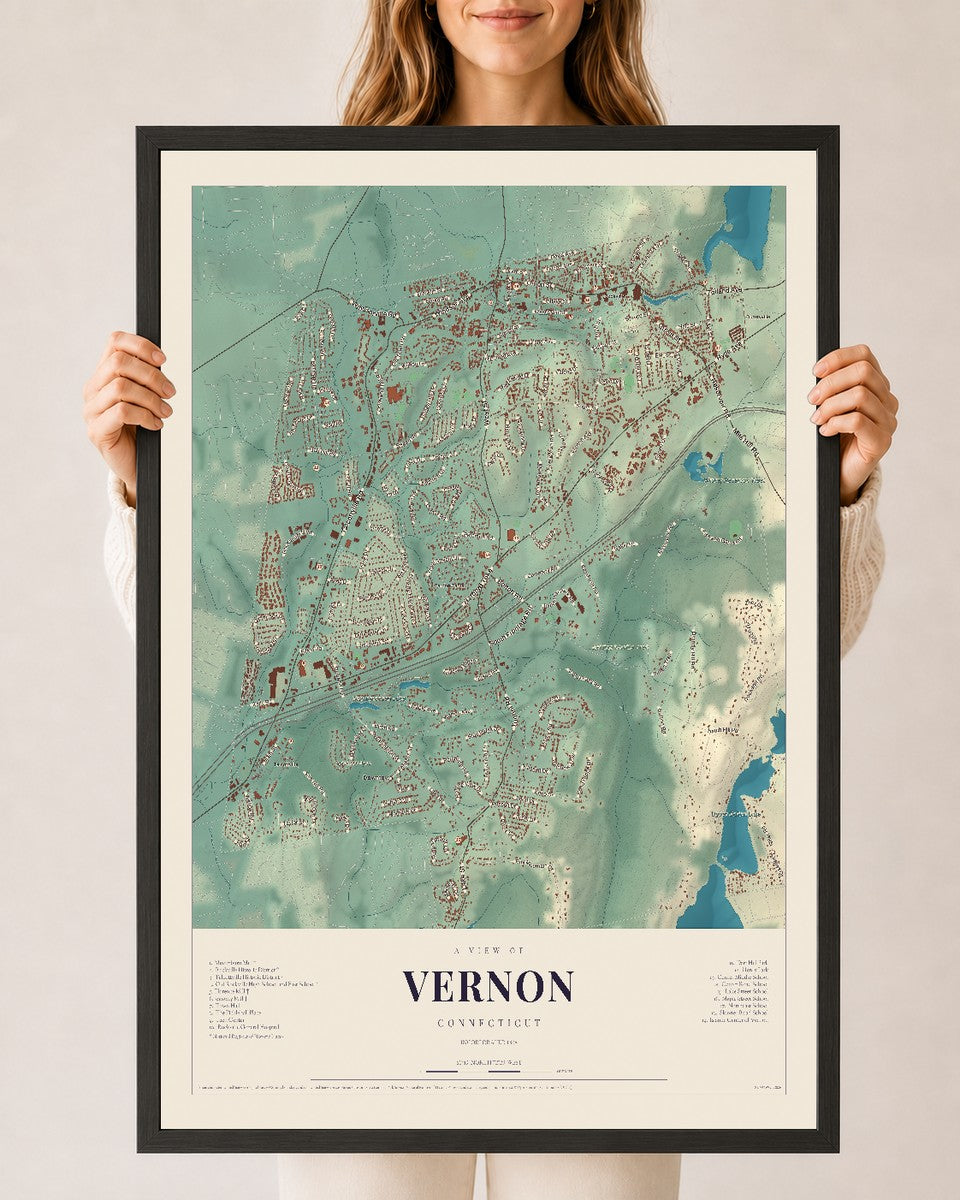 Vernon, Connecticut map print, 24" x 36", W/ Black Ayous Wood Frame