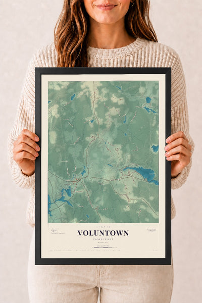 Voluntown, Connecticut map print, 12" x 18", W/ Black Ayous Wood Frame