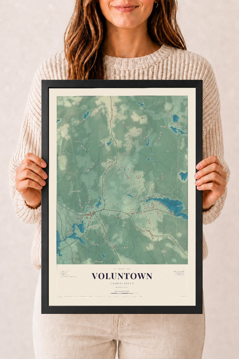 Voluntown, Connecticut map print, 12" x 18", W/ Black Ayous Wood Frame