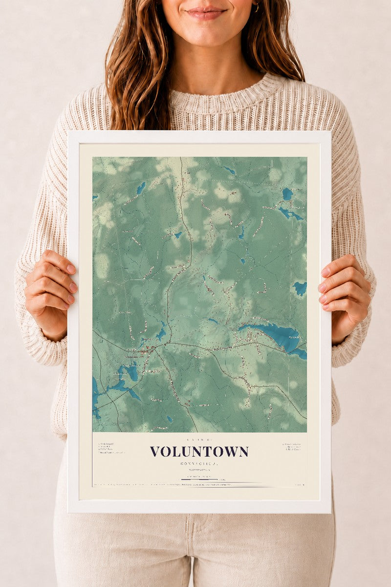 Voluntown, Connecticut map print, 12" x 18", W/ White Ayous Wood Frame
