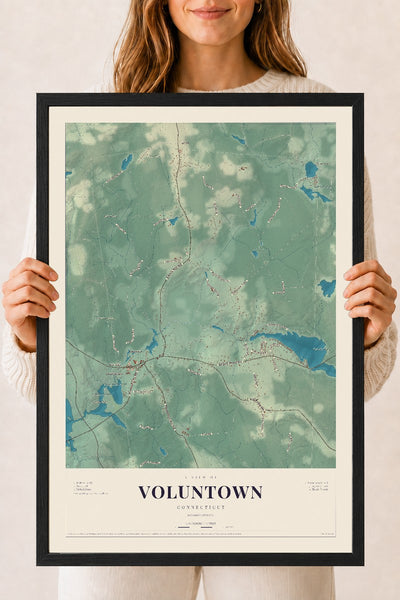 Voluntown, Connecticut map print, 18" x 24", W/ Black Ayous Wood Frame