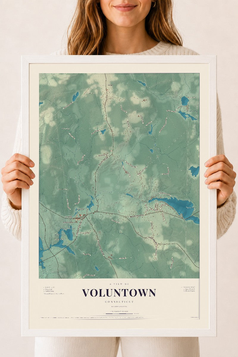 Voluntown, Connecticut map print, 18" x 24", W/ White Ayous Wood Frame