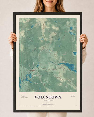 Voluntown, Connecticut map print, 24" x 36", W/ Black Ayous Wood Frame