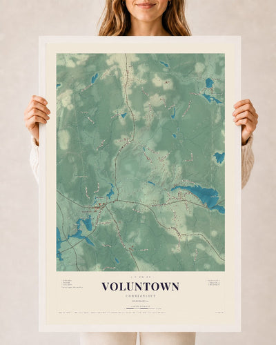 Voluntown, Connecticut map print, 24" x 36", W/ White Ayous Wood Frame