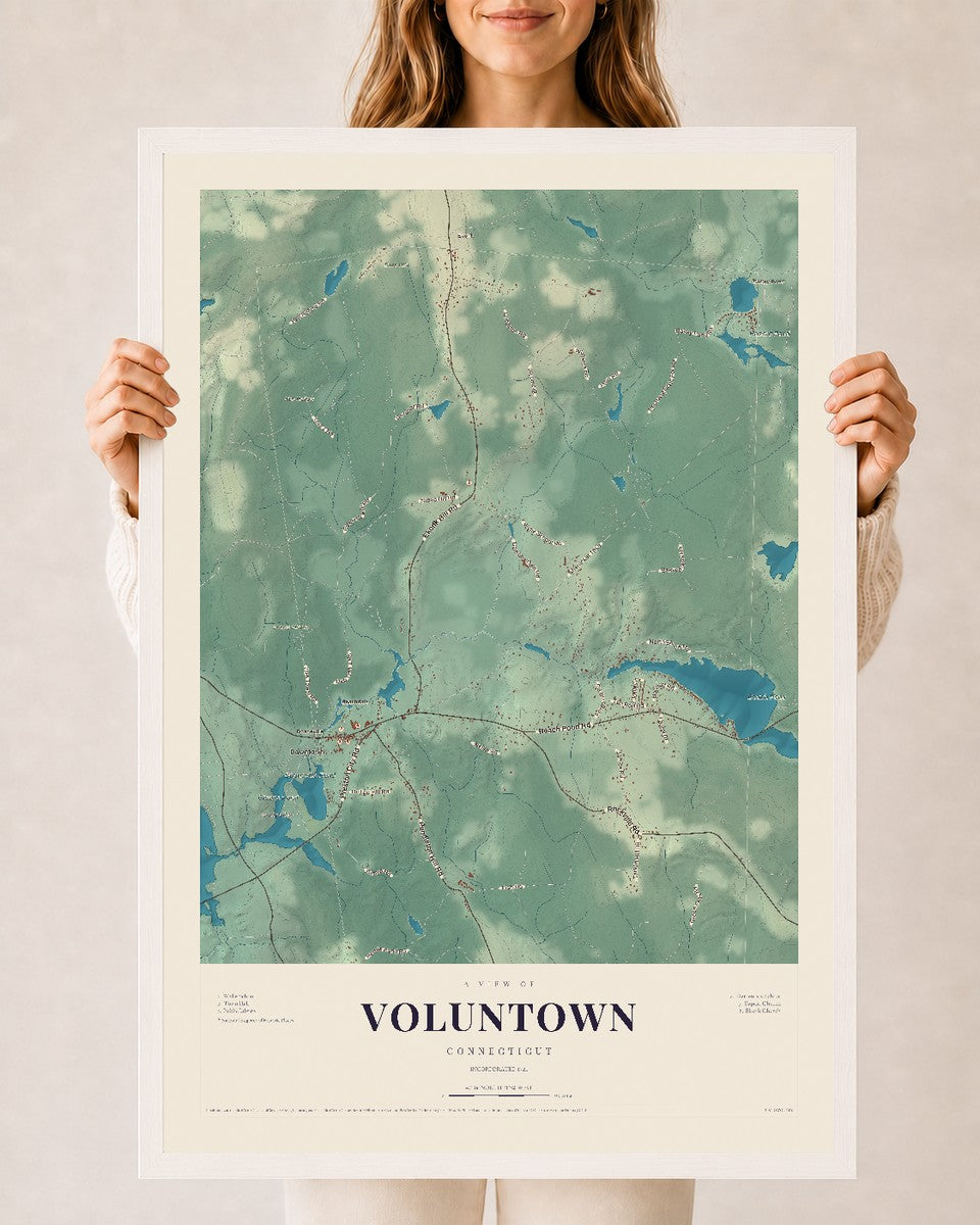 Voluntown, Connecticut map print, 24" x 36", W/ White Ayous Wood Frame