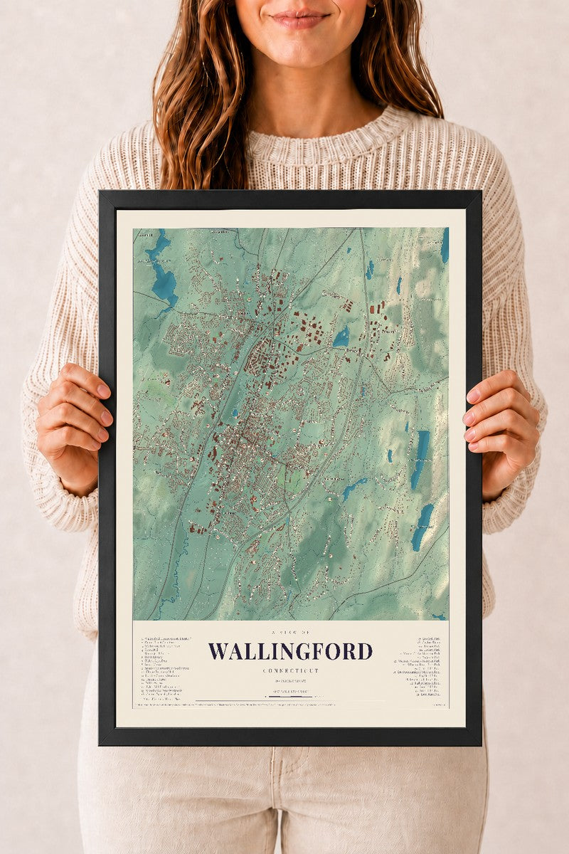 Wallingford, Connecticut map print, 12" x 18", W/ Black Ayous Wood Frame