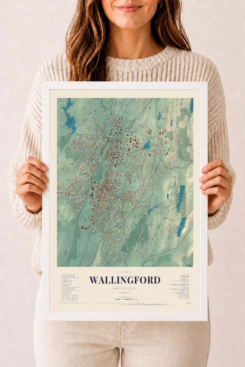 Wallingford, Connecticut map print, 12" x 18", W/ White Ayous Wood Frame