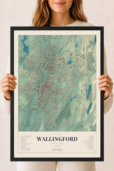 Wallingford, Connecticut map print, 18" x 24", W/ Black Ayous Wood Frame