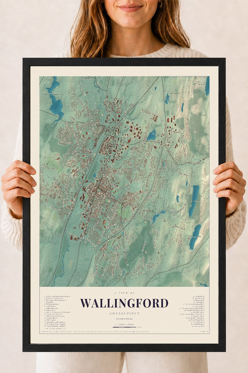 Wallingford, Connecticut map print, 18" x 24", W/ Black Ayous Wood Frame