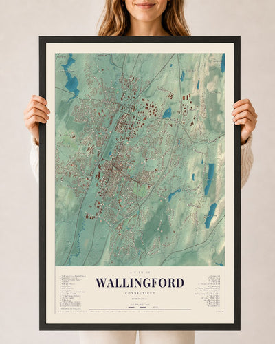 Wallingford, Connecticut map print, 24" x 36", W/ Black Ayous Wood Frame