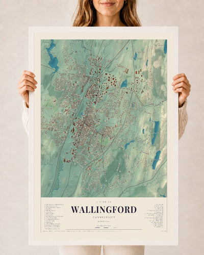 Wallingford, Connecticut map print, 24" x 36", W/ White Ayous Wood Frame