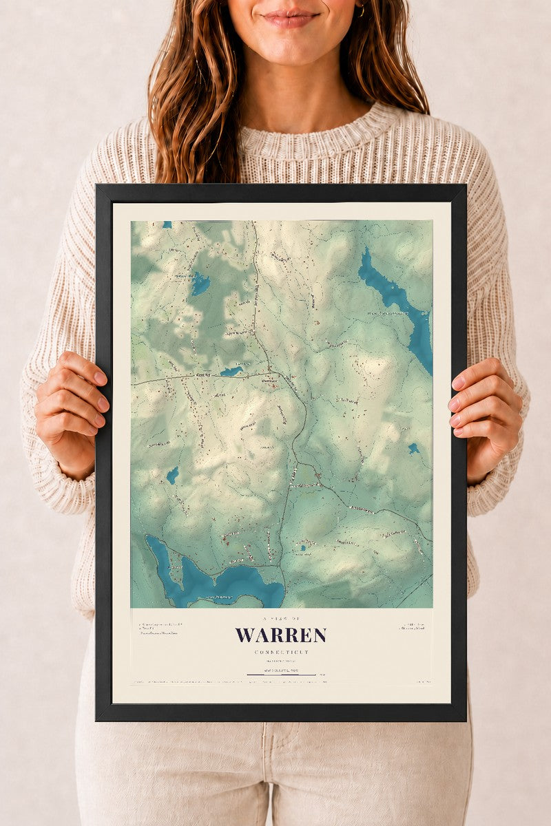 Warren, Connecticut map print, 12" x 18", W/ Black Ayous Wood Frame