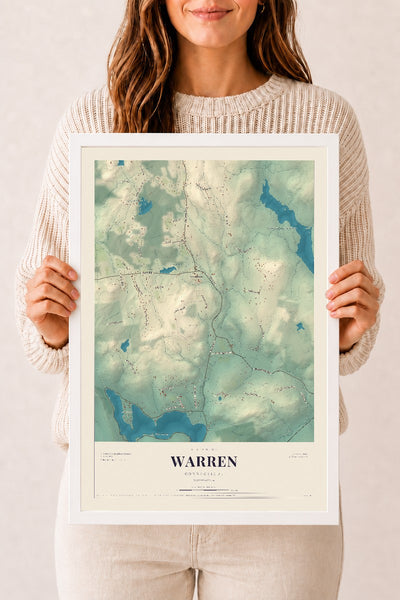 Warren, Connecticut map print, 12" x 18", W/ White Ayous Wood Frame