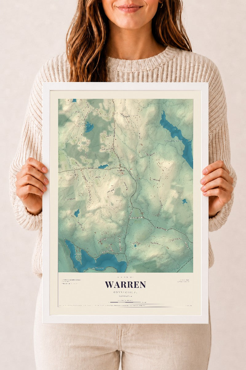 Warren, Connecticut map print, 12" x 18", W/ White Ayous Wood Frame