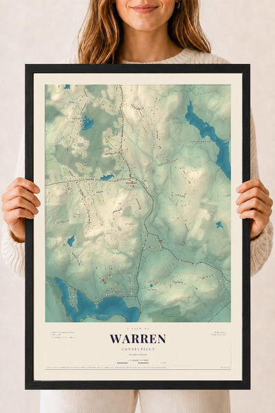 Warren, Connecticut map print, 18" x 24", W/ Black Ayous Wood Frame