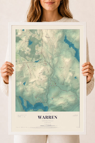 Warren, Connecticut map print, 18" x 24", W/ White Ayous Wood Frame