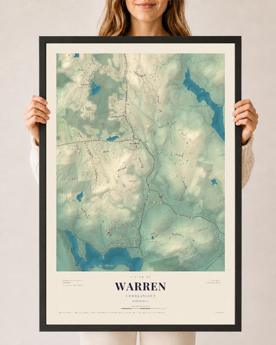 Warren, Connecticut map print, 24" x 36", W/ Black Ayous Wood Frame