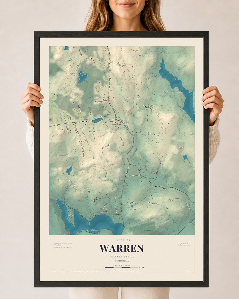Warren, Connecticut map print, 24" x 36", W/ Black Ayous Wood Frame