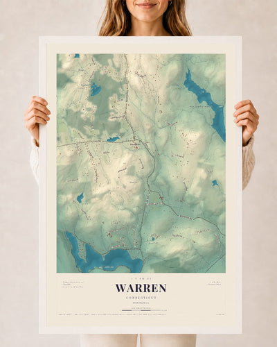 Warren, Connecticut map print, 24" x 36", W/ White Ayous Wood Frame