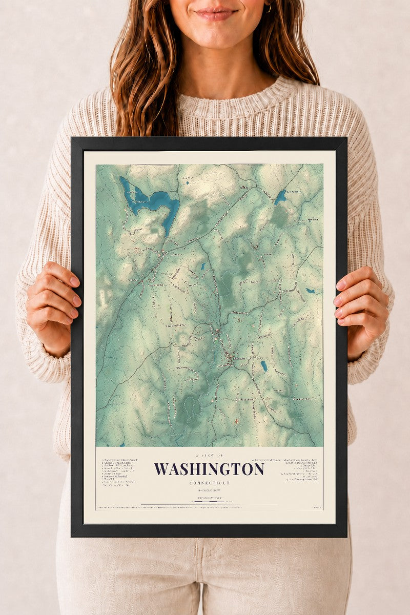 Washington, Connecticut map print, 12" x 18", W/ Black Ayous Wood Frame