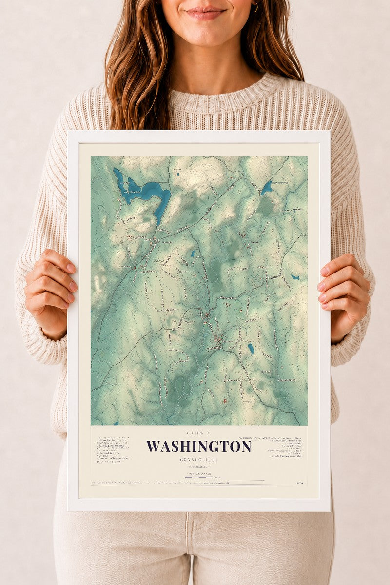 Washington, Connecticut map print, 12" x 18", W/ White Ayous Wood Frame