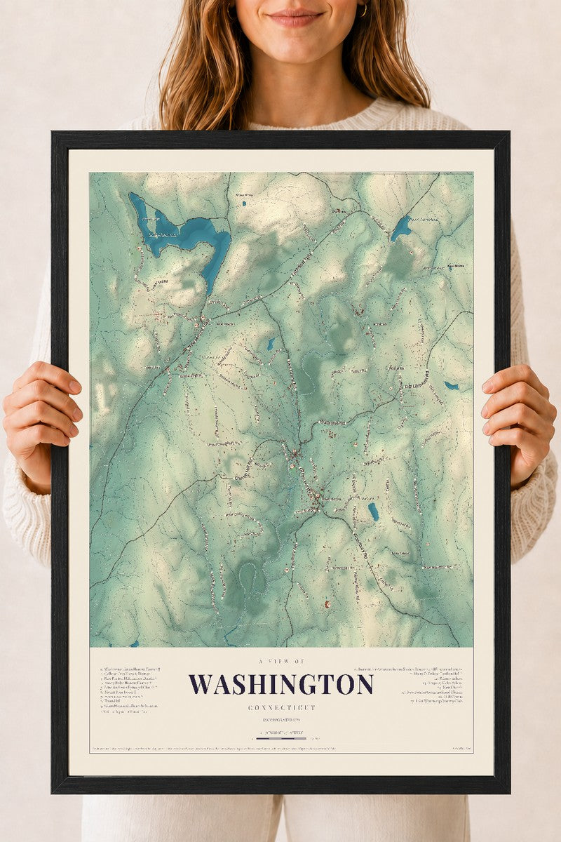 Washington, Connecticut map print, 18" x 24", W/ Black Ayous Wood Frame