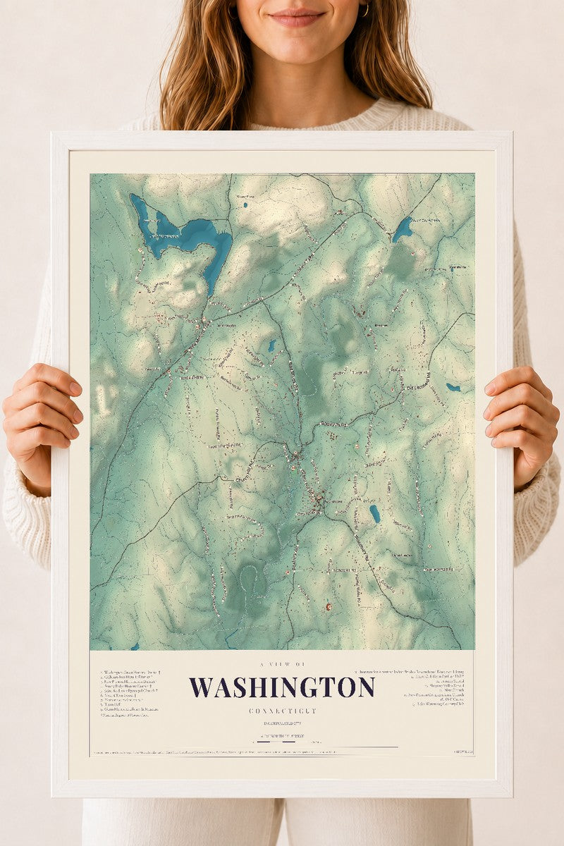 Washington, Connecticut map print, 18" x 24", W/ White Ayous Wood Frame