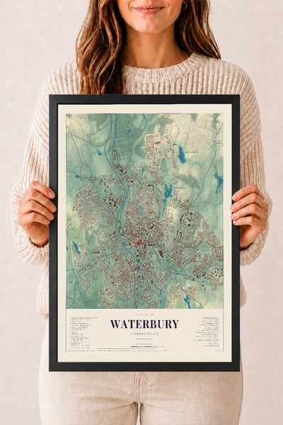 Waterbury, Connecticut map print, 12" x 18", W/ Black Ayous Wood Frame