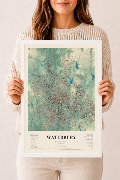 Waterbury, Connecticut map print, 12" x 18", W/ White Ayous Wood Frame