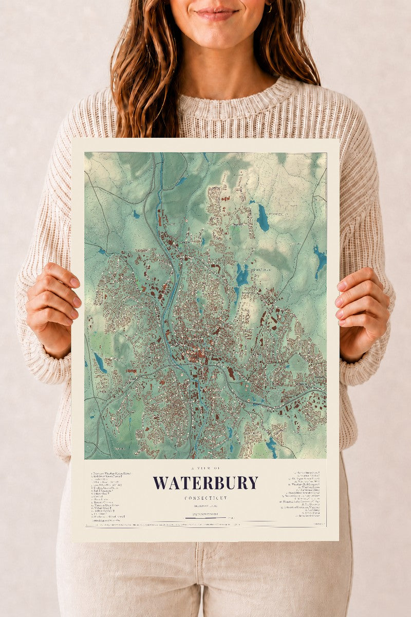 Waterbury, Connecticut map print, 12" x 18", Archival Matte Print