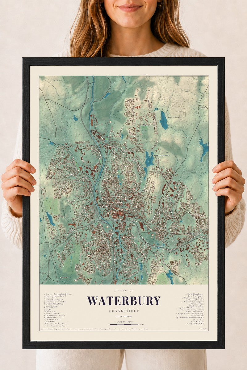 Waterbury, Connecticut map print, 18" x 24", W/ Black Ayous Wood Frame