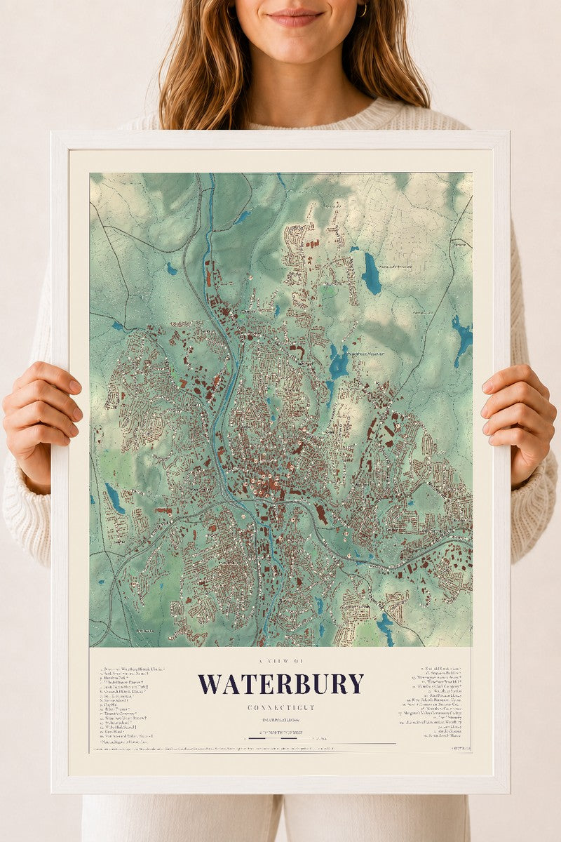 Waterbury, Connecticut map print, 18" x 24", W/ White Ayous Wood Frame